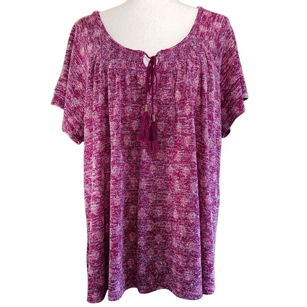 Knit Peasant Top Short Sleeve Summer Boho Fringe Tie Plus Size 2X
